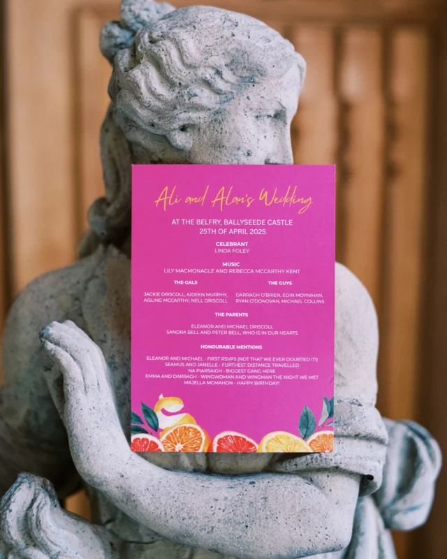 Let’s talk ceremony booklets! 

I’m always asked on my ceremony planning calls “do people do booklets?” And the answer is some do, some don’t. 

But forget what you’re imagining - I don’t mean a booklet with the words printed out for everyone to read. Most people, like me, do a simple A5 double sided card and that’s enough 🥰

I designed my own and had them printed locally. I’m a stationery fiend so I knew I always wanted something in the ceremony space. I also think it’s a great way to inject a bit of colour and a bit of fun! 🩷

Here’s what was on ours and all I think they need:

A who’s who - Celebrant, musicians, (so your pals can look up, recommend and book your suppliers) wedding party, close family if you want. 

A what’s what - On the back I had a ceremony outline so people knew what was coming. At the end I also had a timeline of the day for people as an FYI.

A bit of fun - Our honourable mentions section was just for the craic and included the likes of our wingman and wingwoman the night we met and our first RSVP etc but could be anything you want! Some people do crosswords, puzzles, fun facts, relationships timelines, QR codes for photo sharing or quizzes and these can be great fun and a nice way for guests to interact! 

Another alternative say on the back, would be to print one full poem from your ceremony which can be really nice as a little memento 💌

Have you considered having some ceremony stationery? 

Photo: @studiolordan 
Stationery: @bespokewords 
Model: Ballyseede Castle’s own 😉

#BespokeWords #CelebrantCeremonies #CelebrantWeddings #WeddingStationery #CeremonyStationery #FunWeddings
